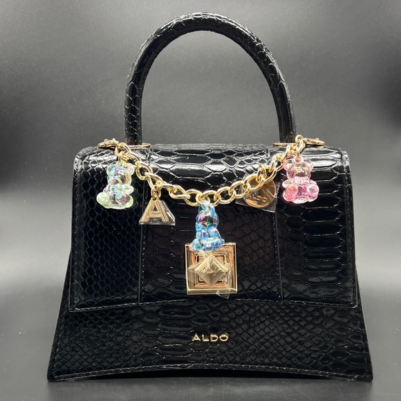 Aldo Handbags - ALDO Black Croc Embossed Mini Top Handle Bag Gold Hardware Charm Chain Y2K